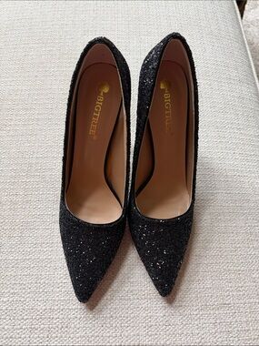 BIGTREE Black Glitter Pointed-Toe High Heels for Women
